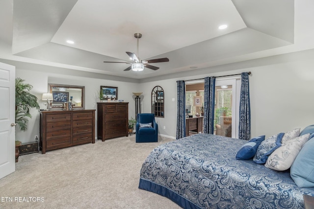 187 Forest View Dr, Crossville, TN 38558 - bedroom featuring a tray ceiling, carpet flooring, access to outside, recessed lighting, and ceiling fan