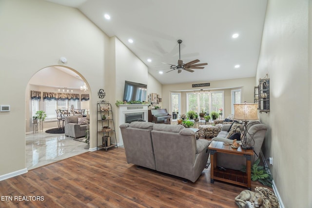 187 Forest View Dr, Crossville, TN 38558 - living room featuring ceiling fan, recessed lighting, high vaulted ceiling, plenty of natural light, and arched walkways