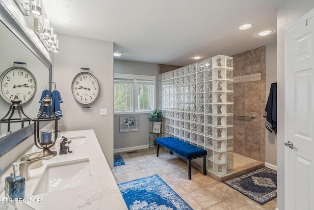 187 Forest View Dr, Crossville, TN 38558 - bathroom featuring walk in shower, double vanity, recessed lighting, and tile patterned flooring
