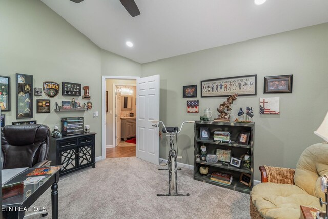 187 Forest View Dr, Crossville, TN 38558 - office space featuring carpet flooring, vaulted ceiling, a ceiling fan, and recessed lighting