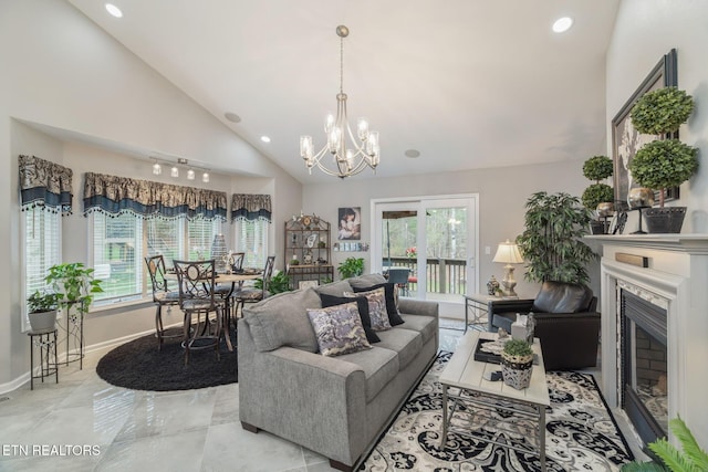 187 Forest View Dr, Crossville, TN 38558 - living area featuring plenty of natural light, a chandelier, recessed lighting, a fireplace, and high vaulted ceiling