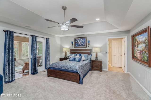 187 Forest View Dr, Crossville, TN 38558 - bedroom featuring carpet flooring, a tray ceiling, ceiling fan, access to outside, and recessed lighting