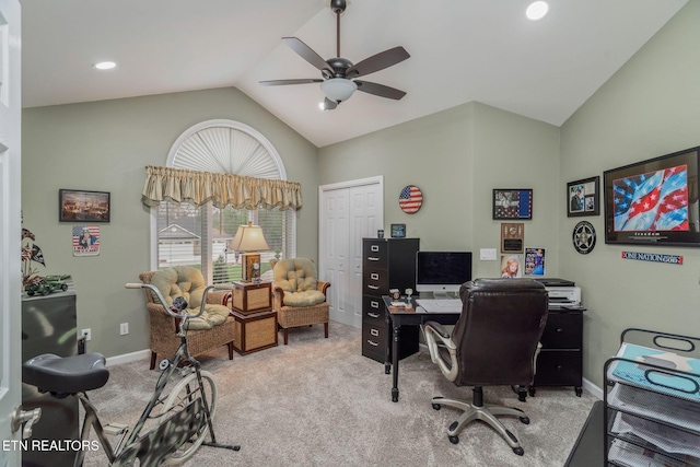 187 Forest View Dr, Crossville, TN 38558 - home office with vaulted ceiling, a ceiling fan, carpet floors, and recessed lighting