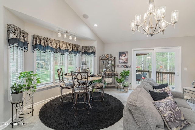 187 Forest View Dr, Crossville, TN 38558 - dining room with a chandelier, vaulted ceiling, and recessed lighting