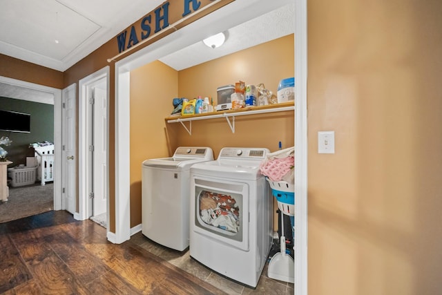 105 Gammons Ln, Lafayette, TN 37083 - washroom featuring washer and clothes dryer, dark wood-style floors, and attic access