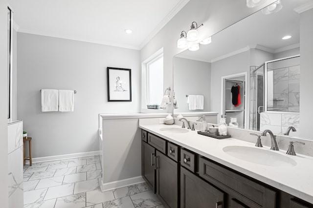 2636 Bramblewood Ln, Thompsons Station, TN 37179 - bathroom with marble look tiles, a shower stall, double vanity, recessed lighting, and crown molding