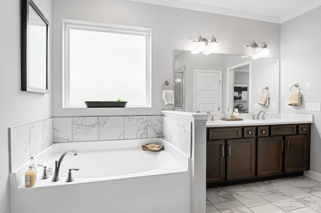 2636 Bramblewood Ln, Thompsons Station, TN 37179 - bathroom featuring a bath, double vanity, marble finish floors, and crown molding
