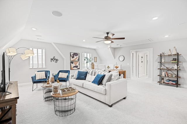 2636 Bramblewood Ln, Thompsons Station, TN 37179 - living area featuring attic access, a ceiling fan, carpet floors, vaulted ceiling, and healthy amount of natural light