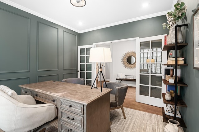 2636 Bramblewood Ln, Thompsons Station, TN 37179 - office area featuring wood finished floors, ornamental molding, a decorative wall, recessed lighting, and french doors