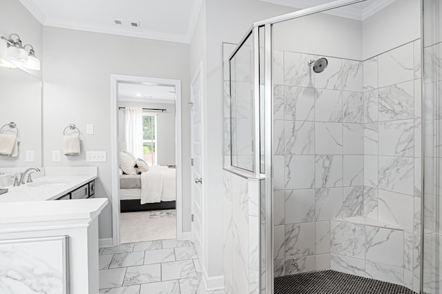 2636 Bramblewood Ln, Thompsons Station, TN 37179 - ensuite bathroom featuring marble look tiles, vanity, a stall shower, and ornamental molding