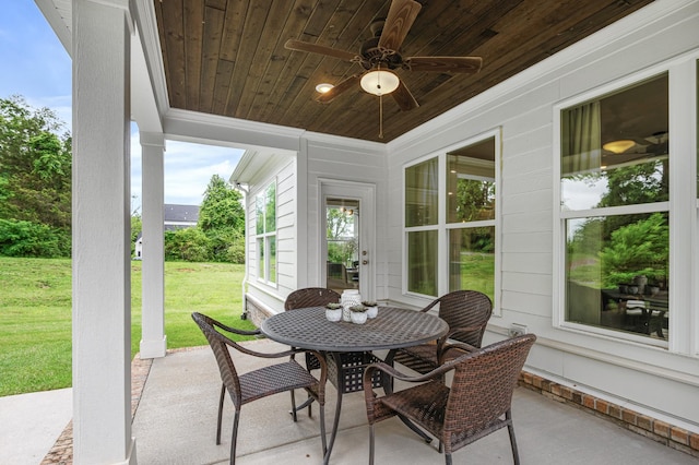 2636 Bramblewood Ln, Thompsons Station, TN 37179 - sunroom with ornamental molding, wooden ceiling, ceiling fan, and outdoor dining area