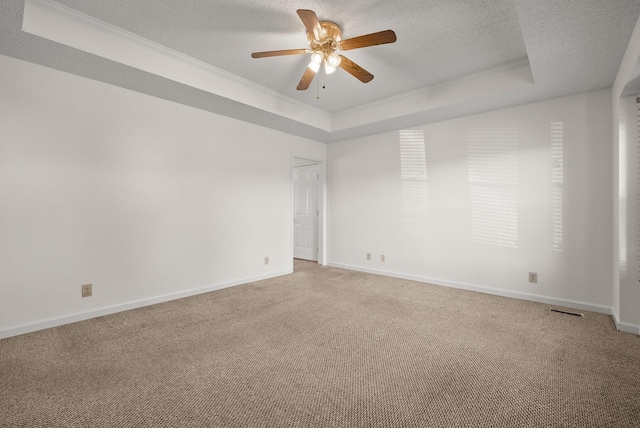 3230 S Senseney Cir, Clarksville, TN 37042 - spare room featuring a raised ceiling, ornamental molding, a ceiling fan, light colored carpet, and a textured ceiling
