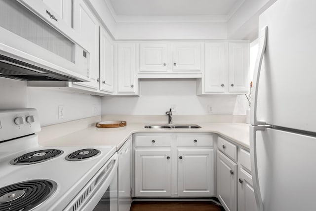 601 Boyd Mill Ave Unit O4, Franklin, TN 37064 - kitchen featuring white appliances, white cabinetry, light countertops, and ornamental molding