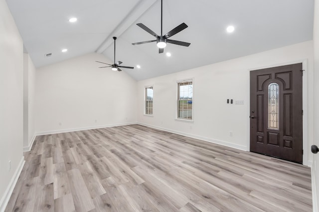 461 Summit Rd, Stanton, TN 38069 - foyer with beamed ceiling, a ceiling fan, light wood-style floors, recessed lighting, and high vaulted ceiling