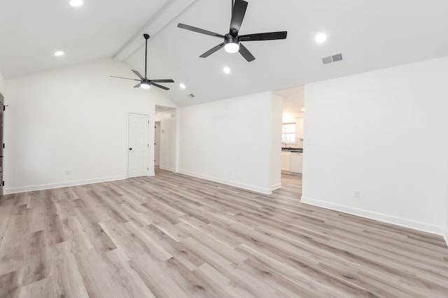 461 Summit Rd, Stanton, TN 38069 - unfurnished living room with ceiling fan, beam ceiling, recessed lighting, light wood-style flooring, and high vaulted ceiling