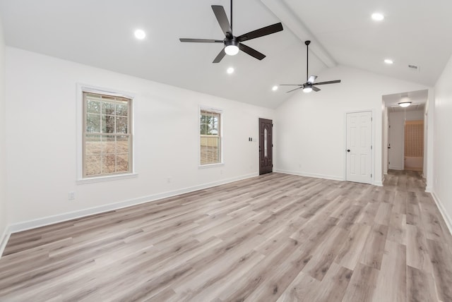 461 Summit Rd, Stanton, TN 38069 - unfurnished living room with beam ceiling, a ceiling fan, light wood-type flooring, recessed lighting, and high vaulted ceiling