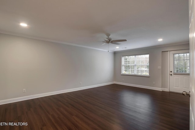 57 Riverview Dr, Oak Ridge, TN 37830 - spare room featuring crown molding, a ceiling fan, dark wood-type flooring, and recessed lighting