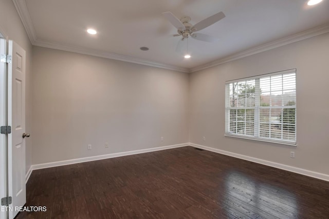 57 Riverview Dr, Oak Ridge, TN 37830 - empty room featuring dark wood-style floors, ornamental molding, a ceiling fan, and recessed lighting