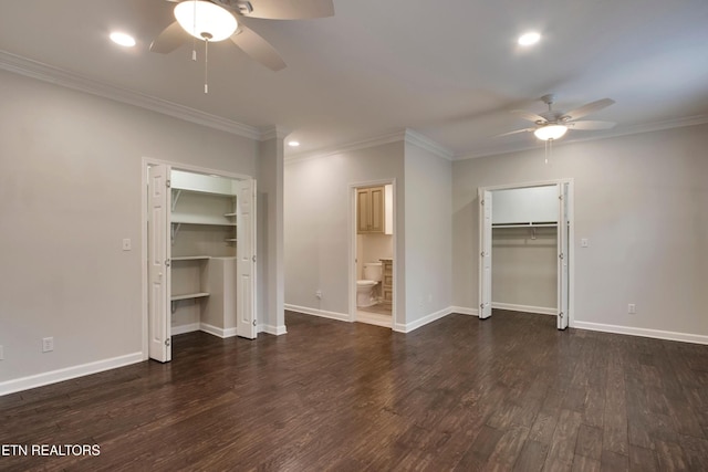 57 Riverview Dr, Oak Ridge, TN 37830 - unfurnished bedroom with dark wood finished floors, ornamental molding, a spacious closet, recessed lighting, and ensuite bathroom