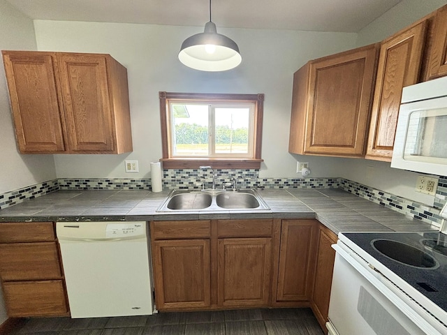 571 E Main St, Auburn, KY 42206 - kitchen with white appliances, tile countertops, and brown cabinetry