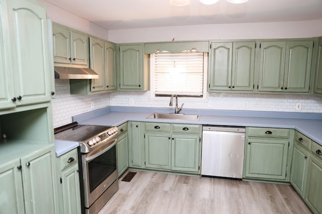 31 Community Rd, Lawrenceburg, TN 38464 - kitchen with appliances with stainless steel finishes, green cabinetry, under cabinet range hood, and backsplash
