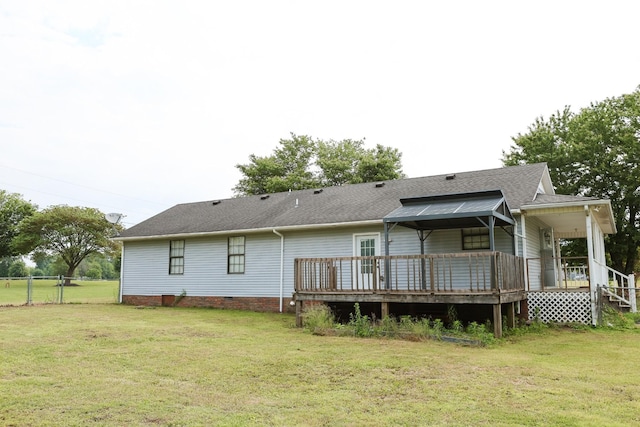 31 Community Rd, Lawrenceburg, TN 38464 - rear view of house with crawl space, a yard, roof with shingles, and a deck