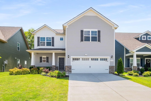 3210 Chatfield Dr, Murfreesboro, TN 37129 - craftsman house featuring board and batten siding, a front lawn, concrete driveway, a garage, and stone siding
