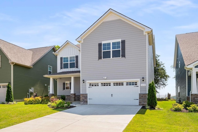 3210 Chatfield Dr, Murfreesboro, TN 37129 - craftsman-style home featuring board and batten siding, a front yard, stone siding, and an attached garage