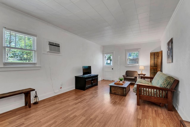 203 6th Ave, Columbia, TN 38401 - living room featuring ornamental molding, light wood-type flooring, and a wall mounted AC