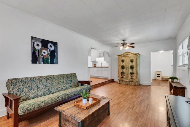 203 6th Ave, Columbia, TN 38401 - living area featuring light wood-style floors, a ceiling fan, ornamental molding, and arched walkways