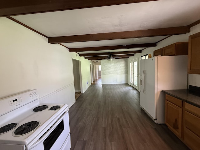 125 Benco Ln, Camden, TN 38320 - kitchen with white appliances, a ceiling fan, dark wood-type flooring, beamed ceiling, and dark countertops