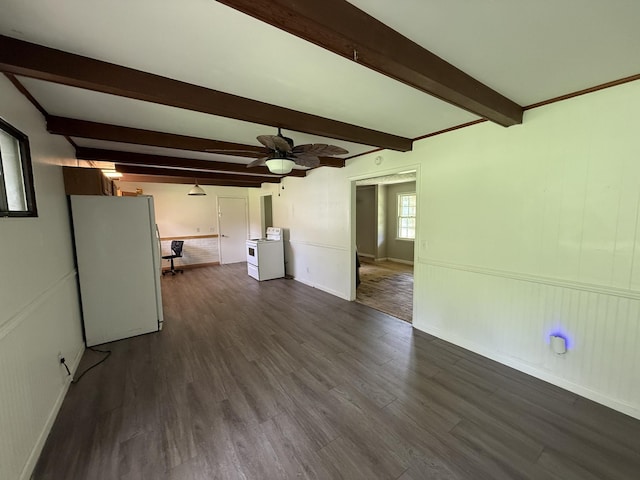 125 Benco Ln, Camden, TN 38320 - unfurnished living room with beamed ceiling, dark wood-type flooring, and a ceiling fan