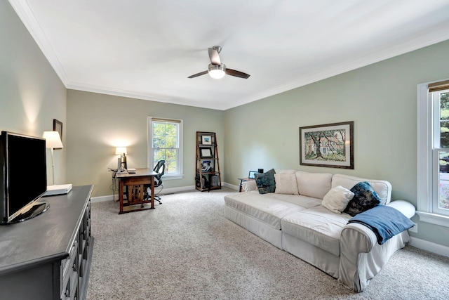 904 Oxford Ct, Brentwood, TN 37027 - living room featuring light colored carpet, ceiling fan, plenty of natural light, and ornamental molding