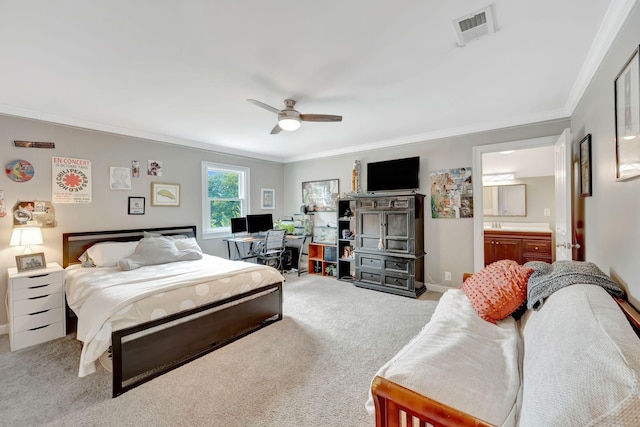 904 Oxford Ct, Brentwood, TN 37027 - bedroom featuring light colored carpet, ornamental molding, a desk, a ceiling fan, and ensuite bath