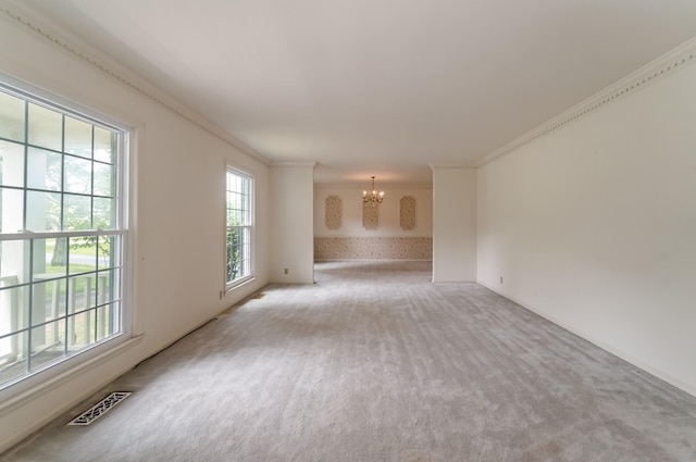 2208 Bowman Rd, Franklin, TN 37064 - unfurnished living room with a chandelier, light carpet, and ornamental molding