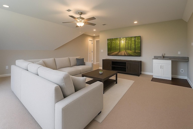 264 Dink Rut Rd, Portland, TN 37148 - living area featuring a ceiling fan, carpet, recessed lighting, and vaulted ceiling