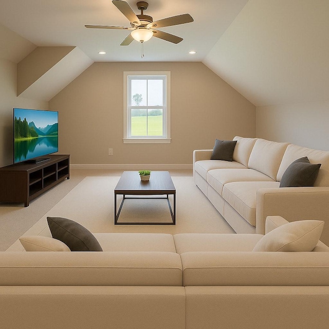 264 Dink Rut Rd, Portland, TN 37148 - carpeted living area featuring vaulted ceiling, a ceiling fan, and recessed lighting