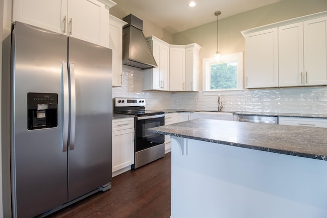 264 Dink Rut Rd, Portland, TN 37148 - kitchen featuring stainless steel appliances, custom range hood, dark wood finished floors, white cabinets, and recessed lighting