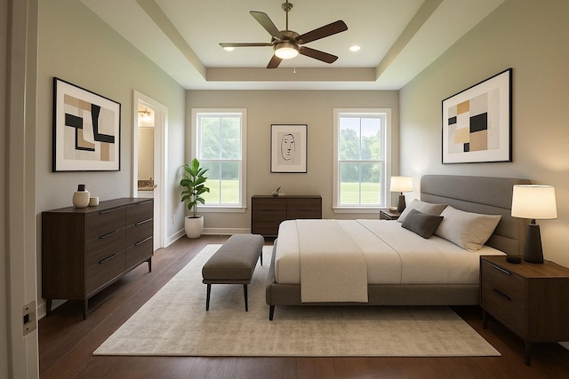 264 Dink Rut Rd, Portland, TN 37148 - bedroom featuring a tray ceiling, dark wood finished floors, a ceiling fan, and recessed lighting