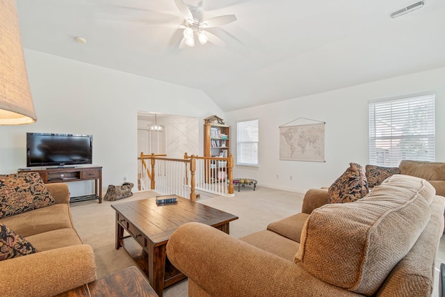 824 W Benjamin Ct, Franklin, TN 37067 - living room with light carpet, ceiling fan, and vaulted ceiling