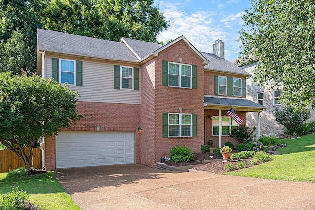 824 W Benjamin Ct, Franklin, TN 37067 - traditional-style house with brick siding, driveway, an attached garage, a chimney, and roof with shingles