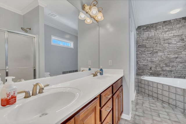919 Compton Rd, Murfreesboro, TN 37130 - bathroom with an enclosed shower, double vanity, crown molding, and a relaxing tiled tub