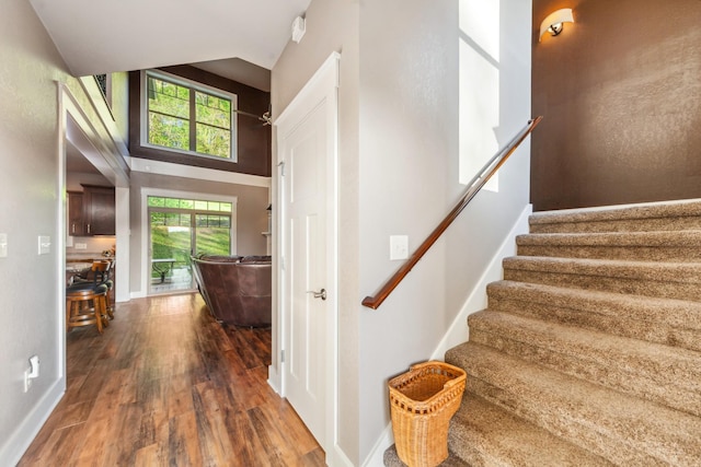 3092 Morel Rd, Columbia, TN 38401 - staircase featuring wood finished floors and high vaulted ceiling