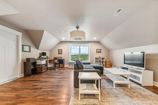 3092 Morel Rd, Columbia, TN 38401 - living area with dark wood-style flooring, vaulted ceiling, and an office area