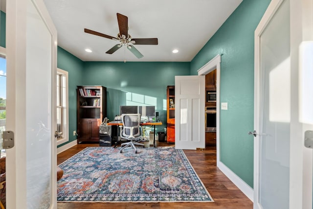 3092 Morel Rd, Columbia, TN 38401 - office area featuring dark wood-type flooring, ceiling fan, and recessed lighting