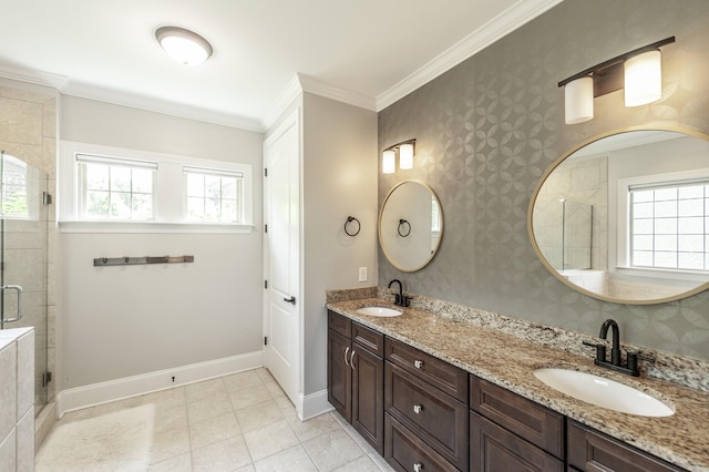 1328 Reynard Dr, Gallatin, TN 37066 - full bath featuring a stall shower, double vanity, ornamental molding, and tile patterned flooring