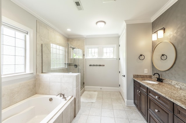 1328 Reynard Dr, Gallatin, TN 37066 - bathroom with vanity, a stall shower, a bath, crown molding, and tile patterned floors