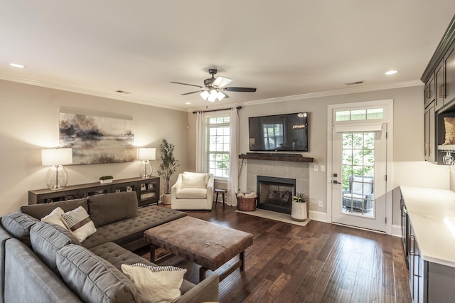 1328 Reynard Dr, Gallatin, TN 37066 - living room with dark wood finished floors, healthy amount of natural light, a ceiling fan, a fireplace with flush hearth, and crown molding