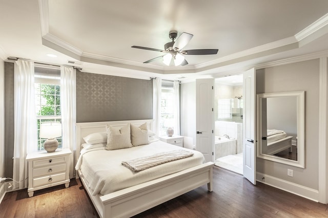 1328 Reynard Dr, Gallatin, TN 37066 - bedroom with a tray ceiling, ornamental molding, dark wood-style flooring, ensuite bath, and ceiling fan