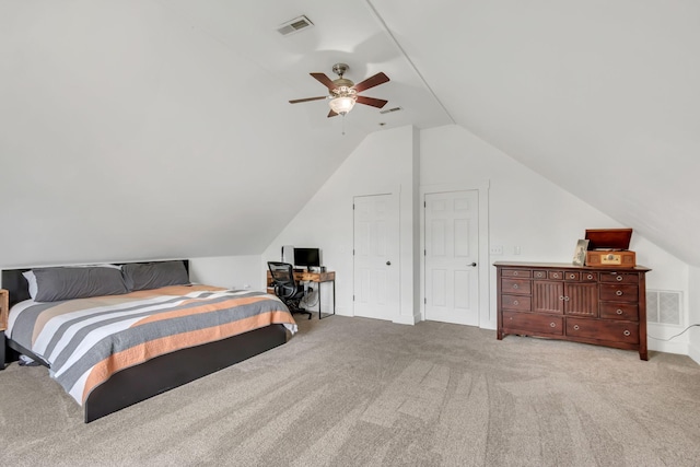 2779 Landcashire Ct, Thompsons Station, TN 37179 - bedroom featuring light carpet, lofted ceiling, and a ceiling fan